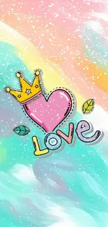 Colorful wallpaper with crowned heart and love text.