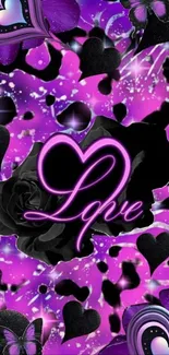 Purple and black heart love wallpaper with text and butterflies.