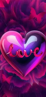 3D vibrant heart with love text and butterflies.