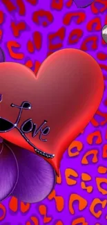 Red heart with 'Love' on a purple vibrant background.