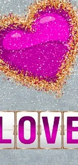 Vibrant purple heart with glitter and 'Love' text on wallpaper.