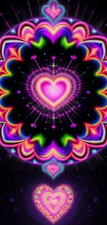 Neon heart mandala vibrant mobile wallpaper.