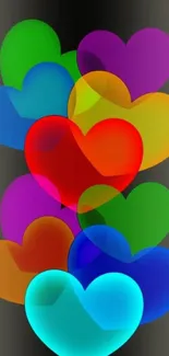 Colorful overlapping hearts on a black background mobile wallpaper.