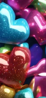 Multicolored glossy heart wallpaper design.