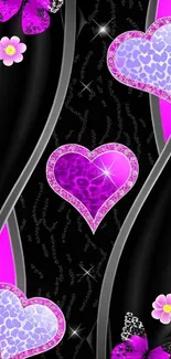 Mobile wallpaper with glittering hearts and butterflies in pink hues.