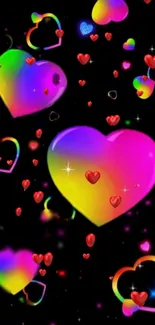 Vibrant neon hearts on a black background wallpaper.