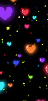 Vibrant colorful hearts on black background wallpaper.