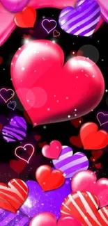 Vibrant heart-themed mobile wallpaper with red and pink hearts.