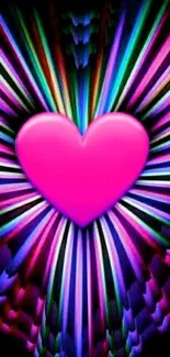 Colorful heart wallpaper with rainbow beams radiating.