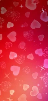 Red and pink heart-themed wallpaper with sparkles.