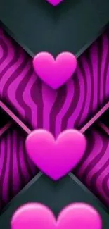 Pink hearts on a geometric vibrant phone wallpaper.