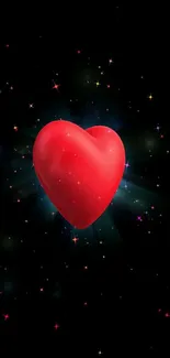 3D red heart with colorful stars on black background.