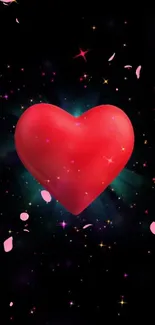 Red heart with sparkles and petals on a dark background.