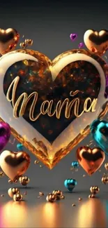 3D heart wallpaper with 'Mama' text and vibrant colors.