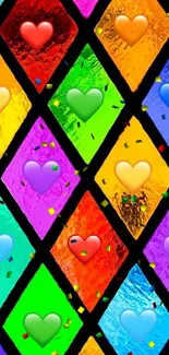 Colorful mosaic wallpaper with hearts on diamond patterns.