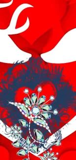 Red heart wallpaper with jewelry motifs for mobile.