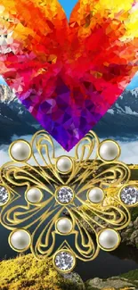 Colorful geometric heart with mountain view and gold motif.