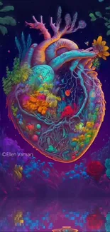 Vibrant heart-shaped nature art on dark purple background.