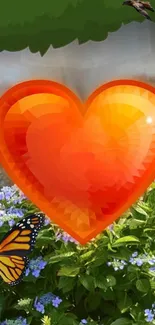 Orange heart with butterflies in nature scene wallpaper.