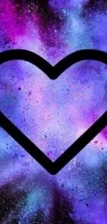 Colorful purple nebula with heart design on mobile wallpaper.