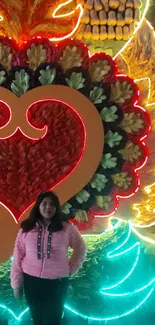 Woman in pink jacket stands by vibrant neon heart art.