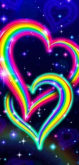 Vibrant neon hearts with blue starry background.