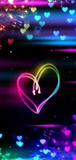 Vibrant neon heart wallpaper with colorful hearts and fireworks on a black background.