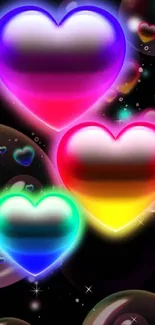 Vibrant neon hearts glowing in the dark.