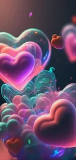 Vibrant neon hearts floating in colorful clouds mobile wallpaper.