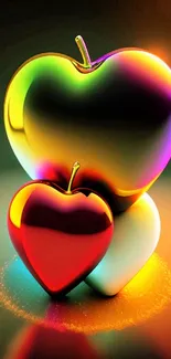 Vibrant heart-shaped apples in rainbow colors.