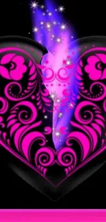 Vibrant neon heart wallpaper with glowing floral designs.