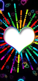 Vibrant neon heart wallpaper with colorful light burst and dark background.