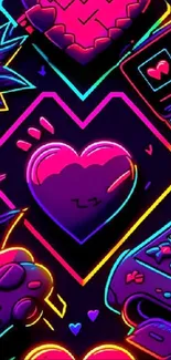 Vibrant neon wallpaper featuring a pink heart with geometric designs.