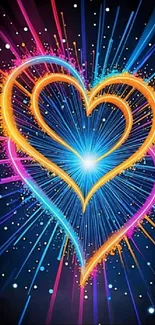 Vibrant neon heart wallpaper with colorful streaks and sparkling effects.