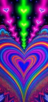 Vibrant neon heart abstract wallpaper in bright colors.