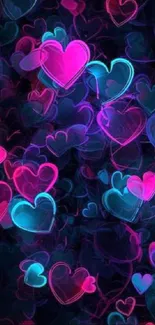 Vibrant neon heart patterns on dark background.