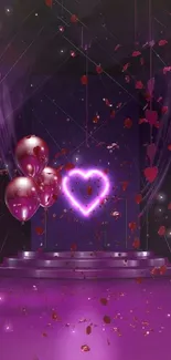 Purple neon heart with balloons and petals in a romantic scene.