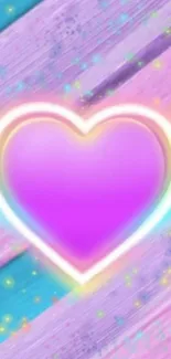 Vibrant purple neon heart with colorful glow on wood texture background.