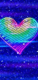 Neon rainbow heart on glittery blue background wallpaper.