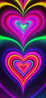 Vibrant neon heart wallpaper with colorful abstract patterns.