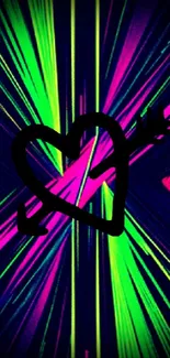 Neon heart with vibrant green and pink laser design.