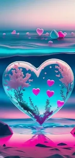 Heart-shaped orb in vibrant ocean scene with pink and blue hues.