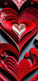 Intricate red paper art heart design mobile wallpaper.