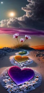 Vibrant path of colorful hearts with flowers under a celestial sky.