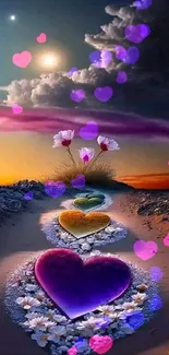 Vibrant path of glowing hearts with a serene sky and flowers.