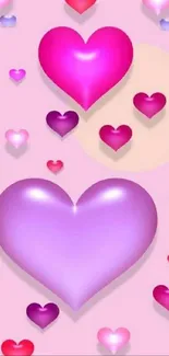 Mobile wallpaper with pink and purple hearts.