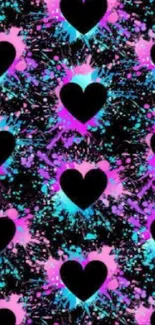 Vibrant mobile wallpaper with black heart pattern and colorful bursts.