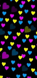 Vibrant colorful hearts on black background wallpaper.