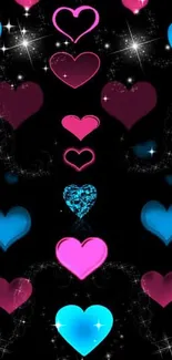 Colorful hearts and stars on black wallpaper.