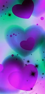 Mobile wallpaper with vibrant purple hearts on a neon gradient background.